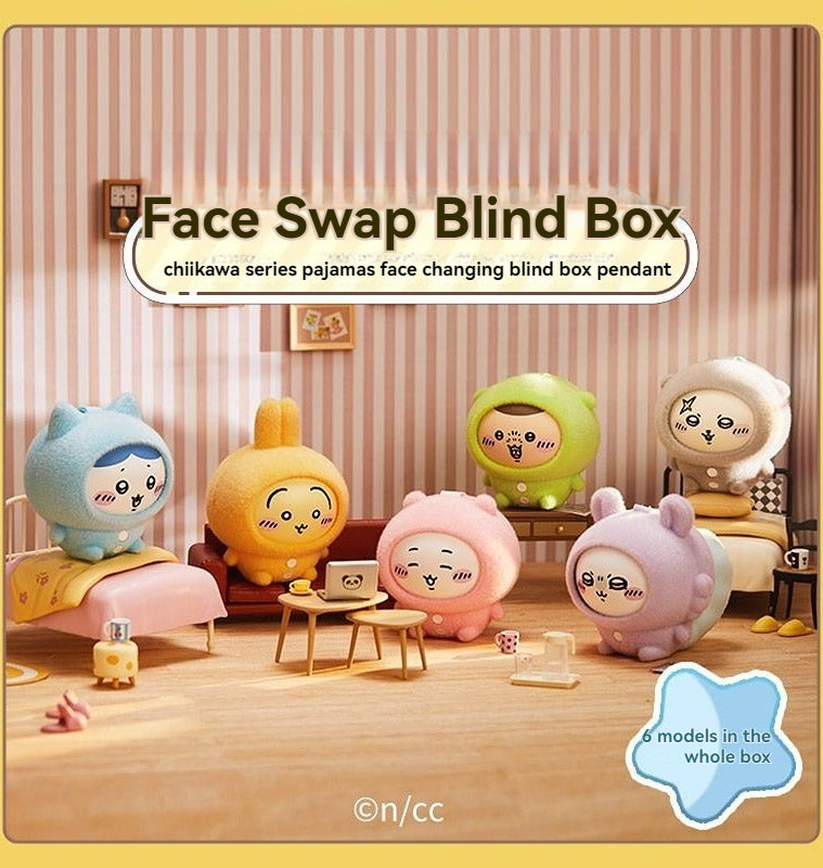 Miniso Official |Chiikawa Pajamas Series 4 Faces Swap Blind Box Yellow Usagi/Pink Chiikawa/Blue Hachiware/Grey Rakko/Green Kurimanju/Purple Momonga