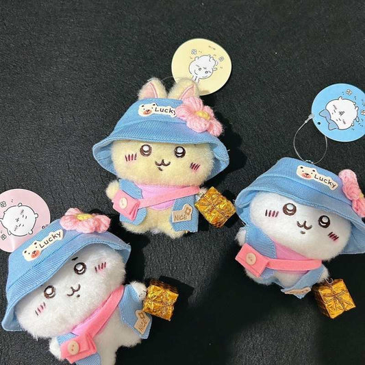 Chiikawa Usagi & Hachiware Plush Keychain – Detachable Blue Hat Outfit, Removable Clothes & Accessories, Cute Gift