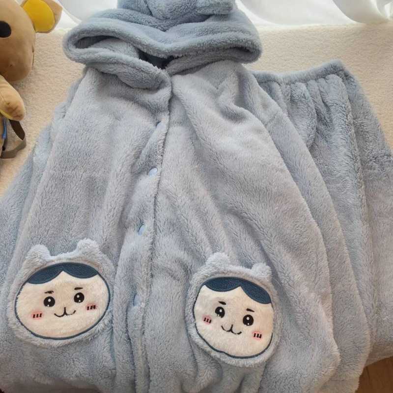 Winter Cute Cartoon Chiikawa Usagi Hachiware Hooded Robe Women Fleece Thickened Coral Fleece Loungewear Set