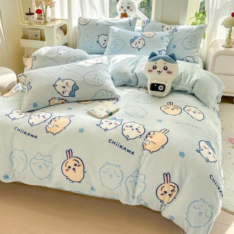 CHIICKWAWA Usagi Hachiware Baby Velvet 3-Piece Bedding Set – Double-Sided Coral Fleece Duvet Cover & Milk Velvet Sheet