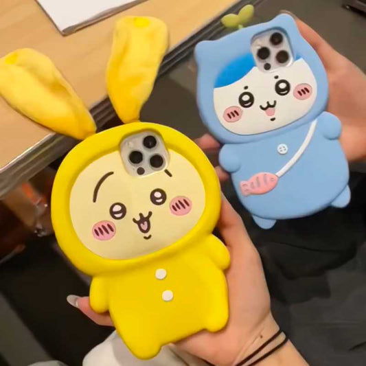 3D Ear Strap Usagi Hachiware Silicone Case for iPhone 15, 14, 13, 12, 11 – Cute Bunny Design