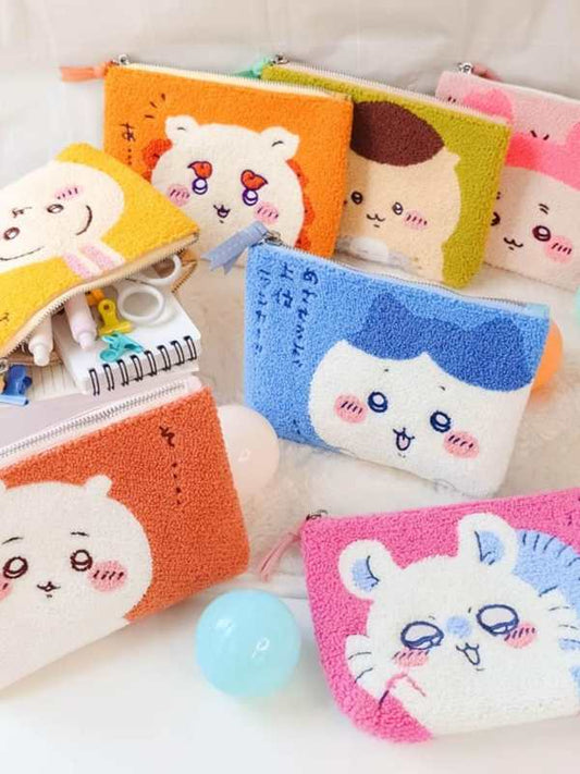 Chiikawa Cartoon Plush Embroidered Cosmetic Bag - Cute Large Capacity Pencil Case for Students
