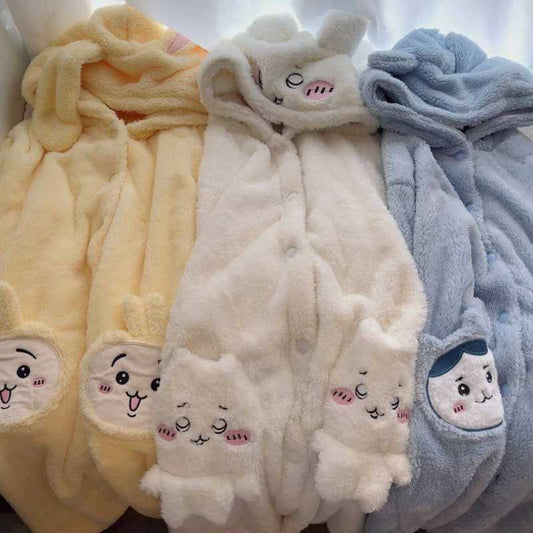 Winter Cute Cartoon Chiikawa Usagi Hachiware Hooded Robe Women Fleece Thickened Coral Fleece Loungewear Set