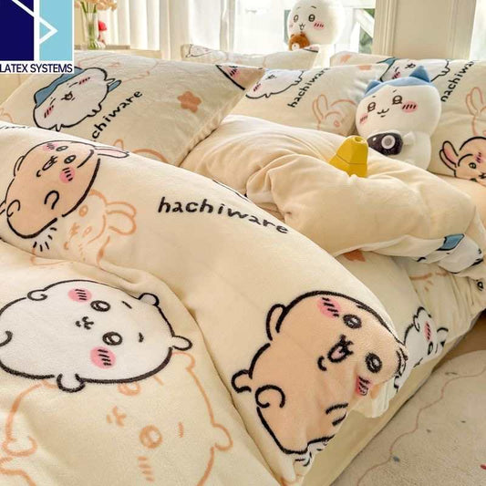 CHIICKWAWA Usagi Hachiware Baby Velvet 3-Piece Bedding Set – Double-Sided Coral Fleece Duvet Cover & Milk Velvet Sheet
