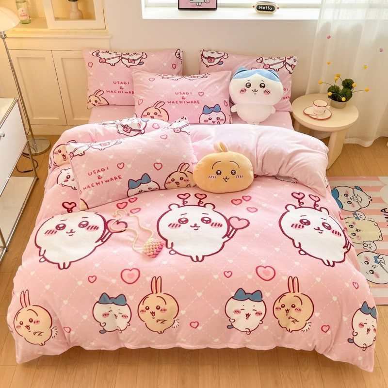 CHIICKWAWA Usagi Hachiware Baby Velvet 3-Piece Bedding Set – Double-Sided Coral Fleece Duvet Cover & Milk Velvet Sheet
