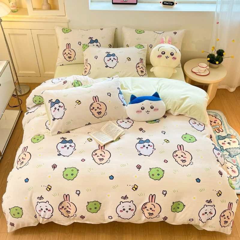 CHIICKWAWA Usagi Hachiware Baby Velvet 3-Piece Bedding Set – Double-Sided Coral Fleece Duvet Cover & Milk Velvet Sheet