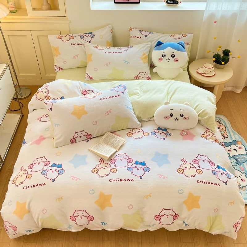 CHIICKWAWA Usagi Hachiware Baby Velvet 3-Piece Bedding Set – Double-Sided Coral Fleece Duvet Cover & Milk Velvet Sheet