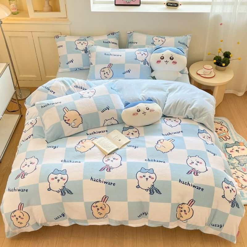 CHIICKWAWA Usagi Hachiware Baby Velvet 3-Piece Bedding Set – Double-Sided Coral Fleece Duvet Cover & Milk Velvet Sheet