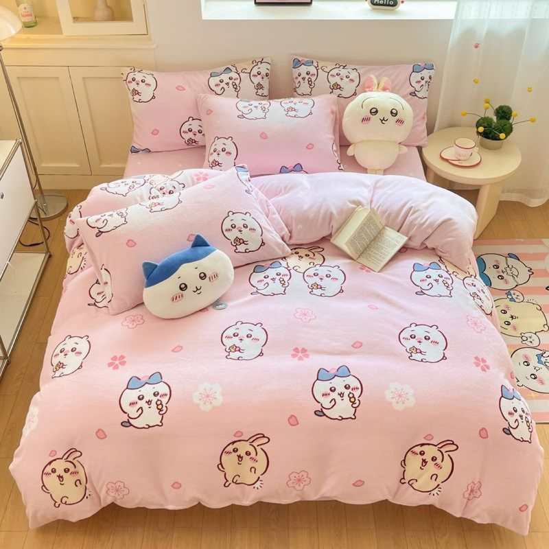CHIICKWAWA Usagi Hachiware Baby Velvet 3-Piece Bedding Set – Double-Sided Coral Fleece Duvet Cover & Milk Velvet Sheet