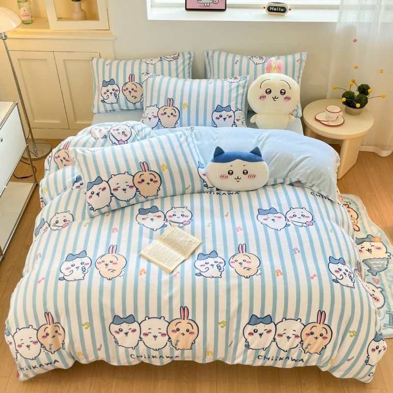 CHIICKWAWA Usagi Hachiware Baby Velvet 3-Piece Bedding Set – Double-Sided Coral Fleece Duvet Cover & Milk Velvet Sheet