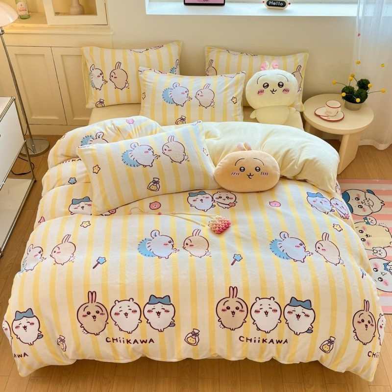 CHIICKWAWA Usagi Hachiware Baby Velvet 3-Piece Bedding Set – Double-Sided Coral Fleece Duvet Cover & Milk Velvet Sheet
