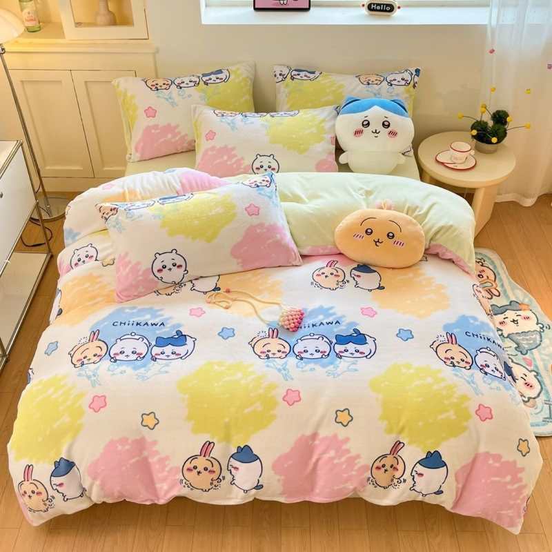 CHIICKWAWA Usagi Hachiware Baby Velvet 3-Piece Bedding Set – Double-Sided Coral Fleece Duvet Cover & Milk Velvet Sheet