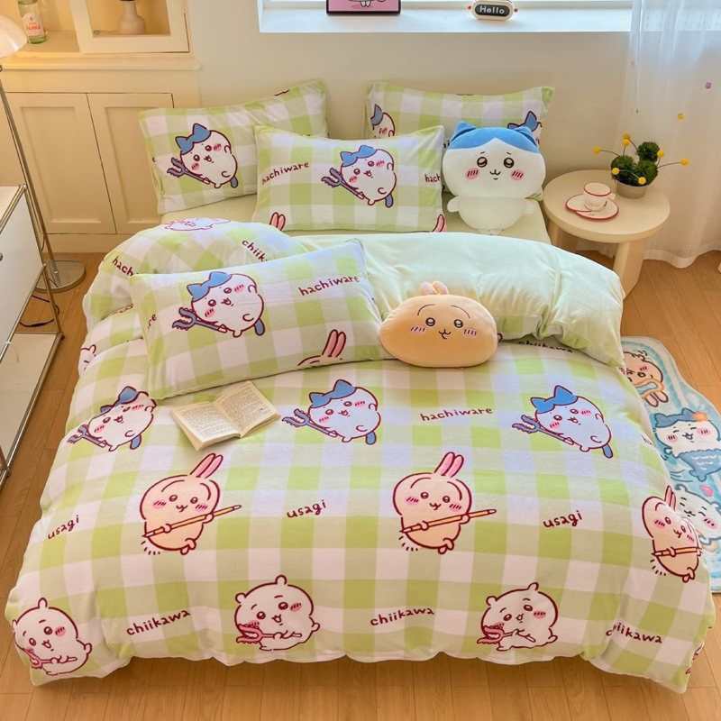 CHIICKWAWA Usagi Hachiware Baby Velvet 3-Piece Bedding Set – Double-Sided Coral Fleece Duvet Cover & Milk Velvet Sheet