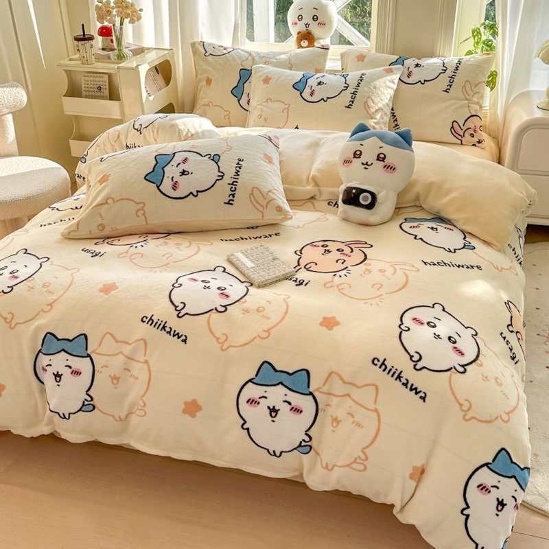 CHIICKWAWA Usagi Hachiware Baby Velvet 3-Piece Bedding Set – Double-Sided Coral Fleece Duvet Cover & Milk Velvet Sheet