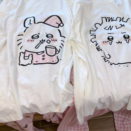 CHIikawa Momonga Cotton Long Sleeve T-Shirt – Unisex Loose Fit Graphic Top for Spring & Autumn