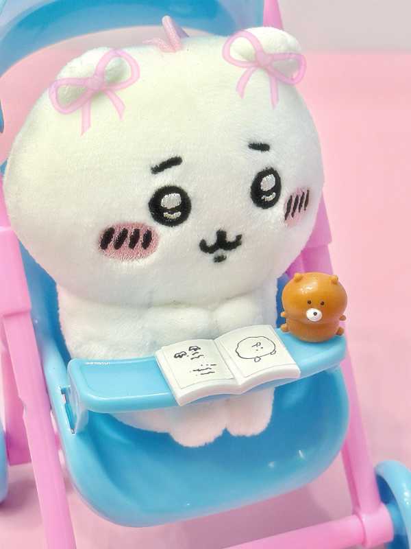 Chiikawa 10cm Plush Doll Stroller & Dining Chair Set Baby Carriage  | Cute High-Aesthetic Pretend Play Toy & Photo Prop