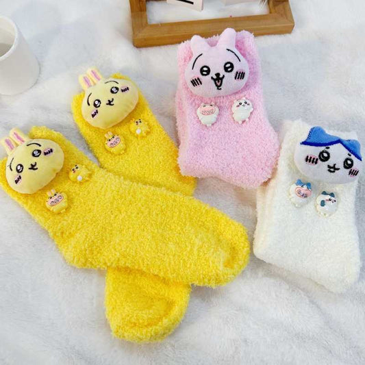 Thick Coral Fleece Chiikawa Usagi & Hachiware Floor Socks – Cozy Cute Warm Sleep Socks for Couples