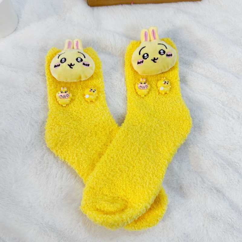 Thick Coral Fleece Chiikawa Usagi & Hachiware Floor Socks – Cozy Cute Warm Sleep Socks for Couples