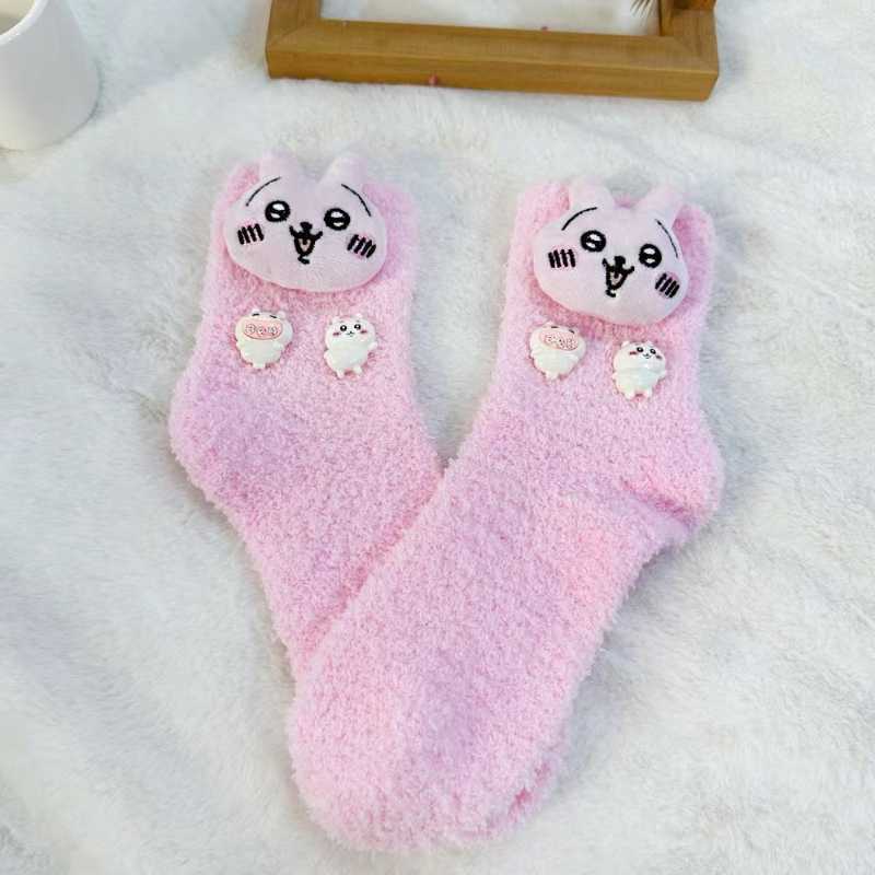 Thick Coral Fleece Chiikawa Usagi & Hachiware Floor Socks – Cozy Cute Warm Sleep Socks for Couples