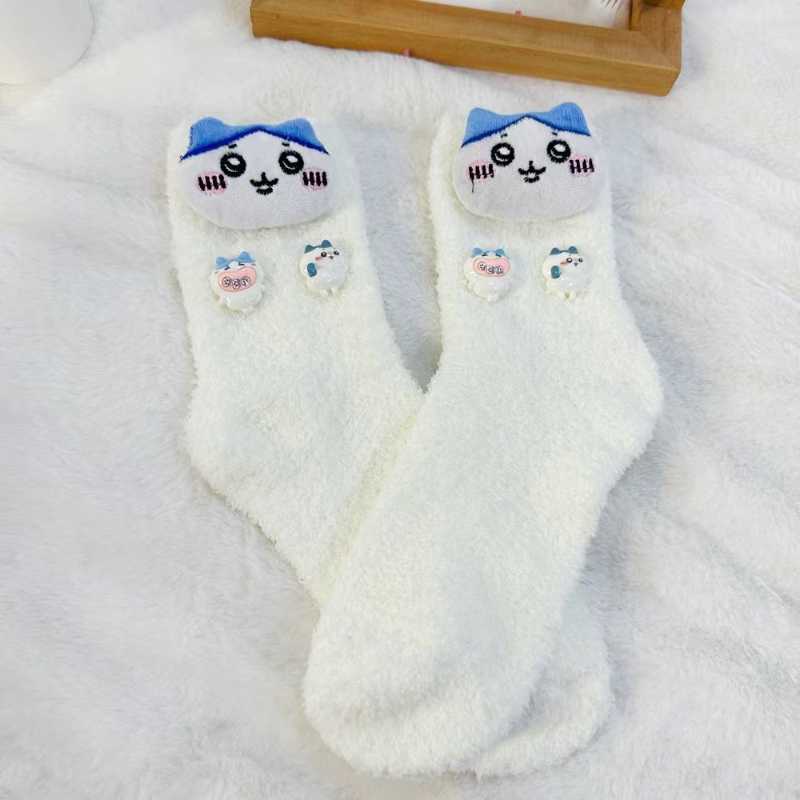Thick Coral Fleece Chiikawa Usagi & Hachiware Floor Socks – Cozy Cute Warm Sleep Socks for Couples